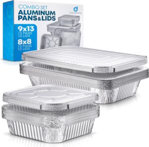 Disposable Aluminum Pans With Lids, 9x13 (10pc) And 8x8 Square (10pc)